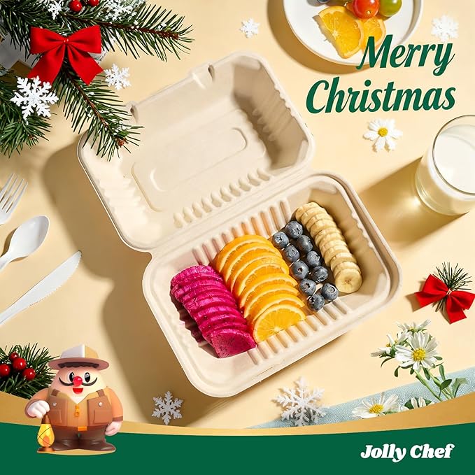 JOLLY CHEF Clamshell Take Out Food Containers, [75-Pack 9 * 6" ] To Go Containers Disposable, 100% Compostable Sugarcane To Go Boxes for Salad,Lunch