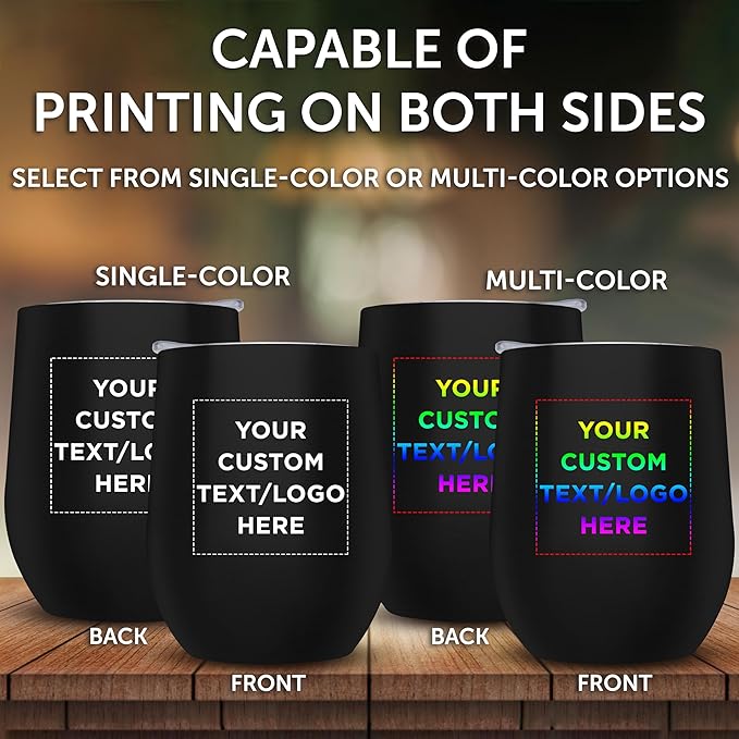 Custom Stemless Wine Glass Tumblers with Lids by Largo 11 oz. Set of 6, Personalized Bulk Pack - Perfect for Wine, Cocktails, Other Hot & Cold Beverages - Black