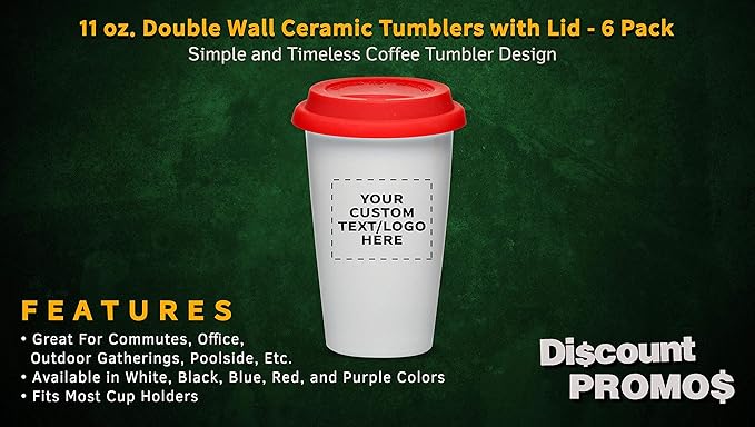 Personalized 11 oz. Double Wall Ceramic Tumblers with Lid - 6 Pack - Custom Text, Logo - Red