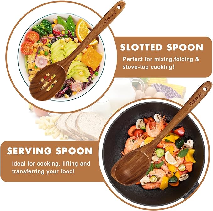 Large Wooden Spoons for Cooking, 2Pack Natural Teak Wood Cooking Spoon Set, Non-Stick Slotted and Corner Spoon, Heat-Resistant Wooden Spatula Spoon for Serving and Mixing
