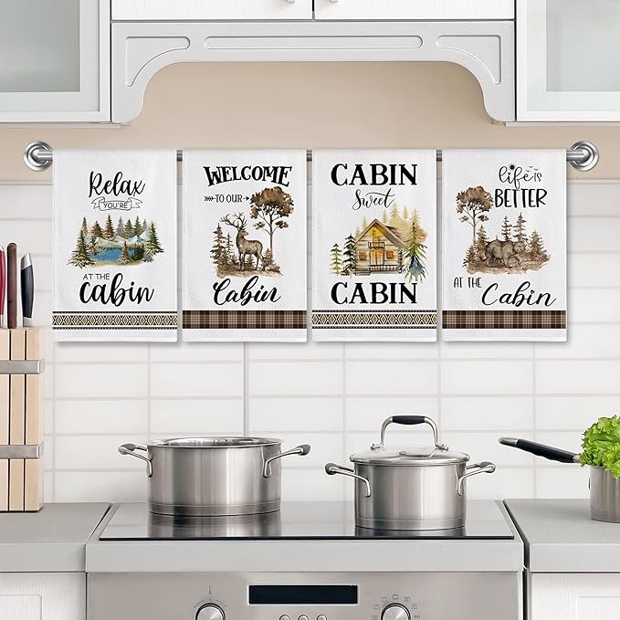 pinata Cabin Decor, Log Cabin Kitchen Towels Set of 4, Rustic Farmhouse Dishes Hand Towels for Home Kitchen Housewarming Gifts