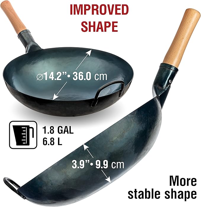 YOSUKATA 14” Round Bottom Carbon Steel Wok Pan – Blue Pre-Seasoned Pow Wok for Stir Fry, BBQ & Camping – Traditional Japanese & Chinese Cookware – Compatible with Gas Stoves & Open Fire Only