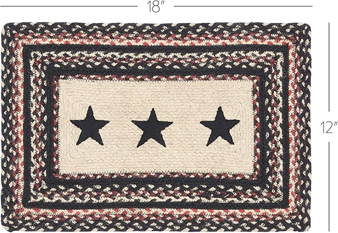 VHC Brands Primitive Colonial Star Table Placemat, Tan Black Red, Jute Blend, Rectangle, 12x18 Inches