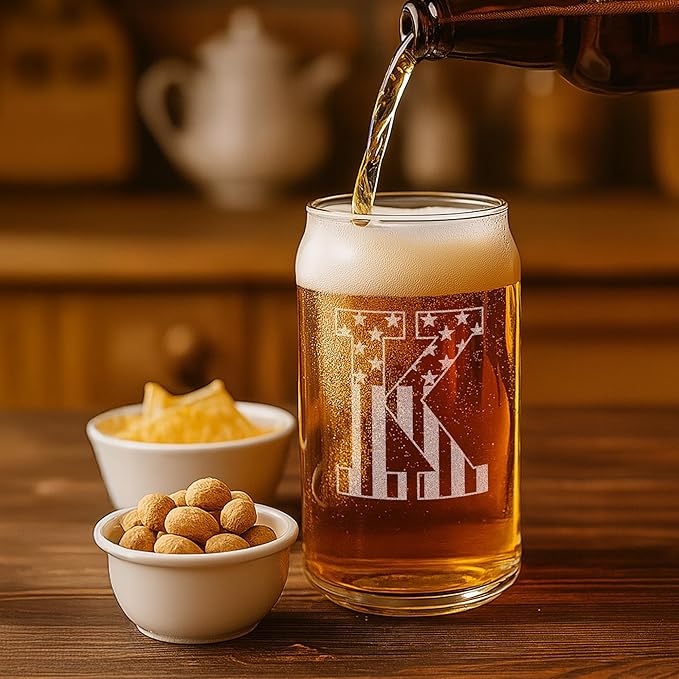 Monogram Beer Glasses for Men (A-Z) 16 oz - Beer Gifts for Men Brother Son Dad Neighbor - Unique Gifts for Him - Personalized Drinking Gift Beer Glass Mugs - Engraved Beer Can Glass (K)