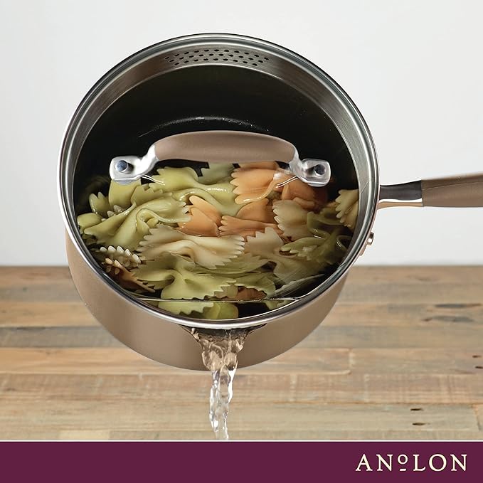 Anolon Advanced Home Hard Anodized Nonstick Sauce Pan/Saucepan with Straining and Lid, 2 Quart (2 Qt Straining Saucepan, Bronze)
