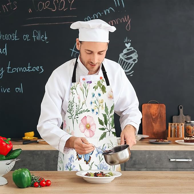 Cooking Aprons for Men and Women,Adjustable Bib Chef Apron with 2 Pockets, Soft and Durability Kitchen Apron