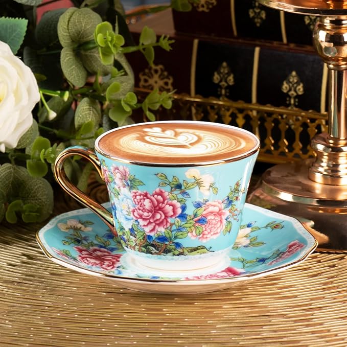 KAMMAK Ceramic Coffee Cups and Saucers Set of 2, Porcelain Espresso Cups with Saucers, 7oz Handcrafted Ceramic Floral Coffee and Tea Cup, Vintage Drinkware for Tea Party, Office, Women Gifts