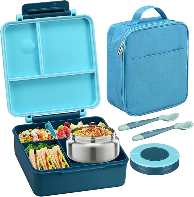 Itslife Bento Lunch Box for Kids with 8oz Soup Thermo&Lunch Bag, Leak-Proof Lunch Food Containers with 4 Compartment, Hot Food Insulated Food Jar for Kids School (Blue)