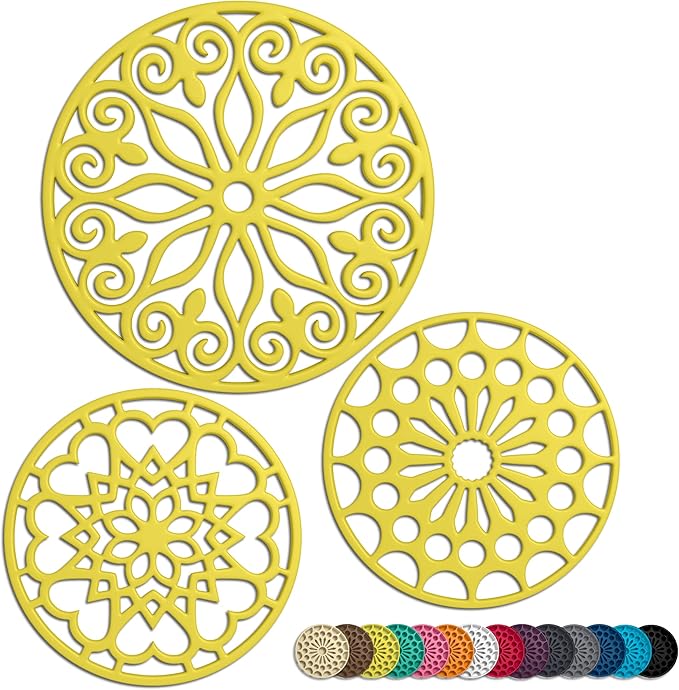 3 Set Silicone Trivet Mats with 1 Extra Large Included | Intricately Carved Insulated Flexible Durable Non Slip Thick Round Premium Trivets for Hot pots and Pans | Vintage Yellow
