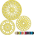 3 Set Silicone Trivet Mats with 1 Extra Large Included | Intricately Carved Insulated Flexible Durable Non Slip Thick Round Premium Trivets for Hot pots and Pans | Vintage Yellow