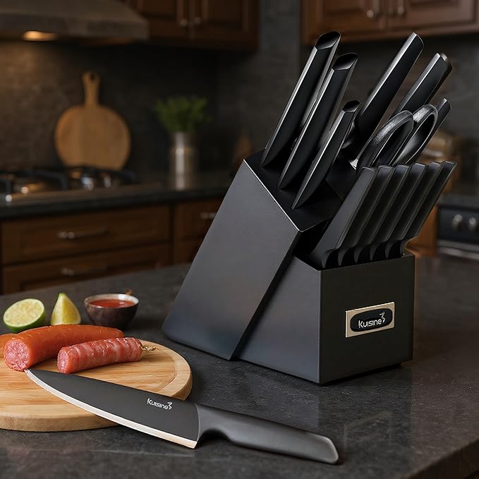 KUISINE Upgraded Chef Knife Set One Piece Molding High Carbon Stainless Steel,Super Sharp Blade Ergonomic Steel Handle,Knife Block Set with Built-in Sharpener(EX Black Pro,15PCS)