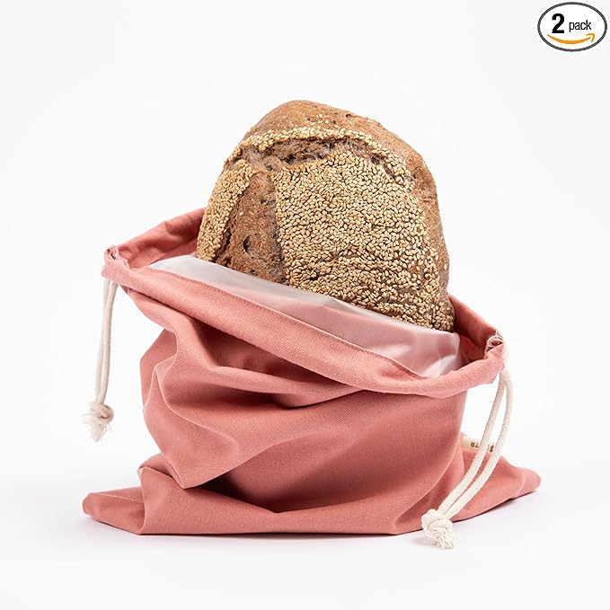 2-Pack Reusable Cotton Bread Bags (Pink + Neutral) - Fits 2 Loaves | Food-Safe, BPA-Free Liner Keeps Homemade & Sourdough Bread Fresh | Eco-Friendly, Washable | BHTR Goods