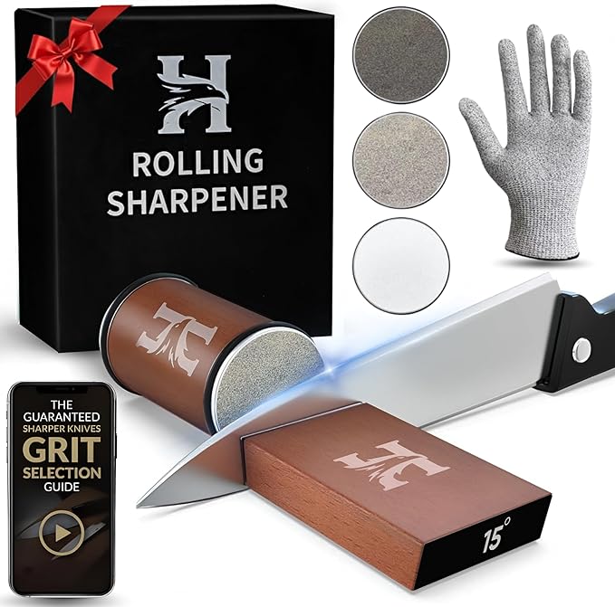 High Carbon Stainless Steel Rolling Knife Sharpener with 400, 1000 & 3000 Replacement Discs - Blunt Knife Sharpening Kit with 15 and 20 Degree Sharpening for Kitchen & Chef's Knives