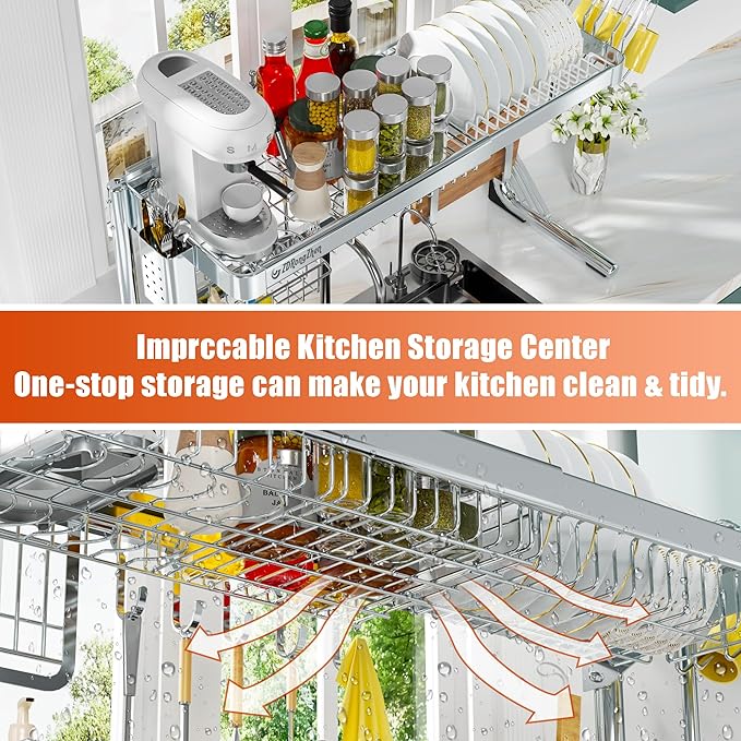 ZDRongZhen Over The Sink Dish Drying Rack,2 tier Full 304 Stainless Steel dish drainer rack,Adjustable Length (22.8''~35.04'') Kitchen Storage Counter With Cup Hanging Set and Hooks (Silver-2Tier)
