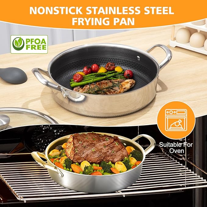 Stainless Steel 7QT Saute Pan 14 Inch Deep Frying Pan with Lid Nonstick,Hybird Induction Cooking Pan,PFOA Free Cookware,Large Skillets