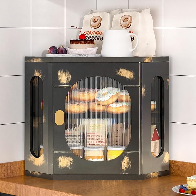 Corner Bread Box for Kitchen Countertop, Large Wooden Bread Box, Double Layer Bread Storage Bin, Bamboo Breadbox for Homemade Bread, Farmhouse Kitchen Organizer with Acrylic Window
