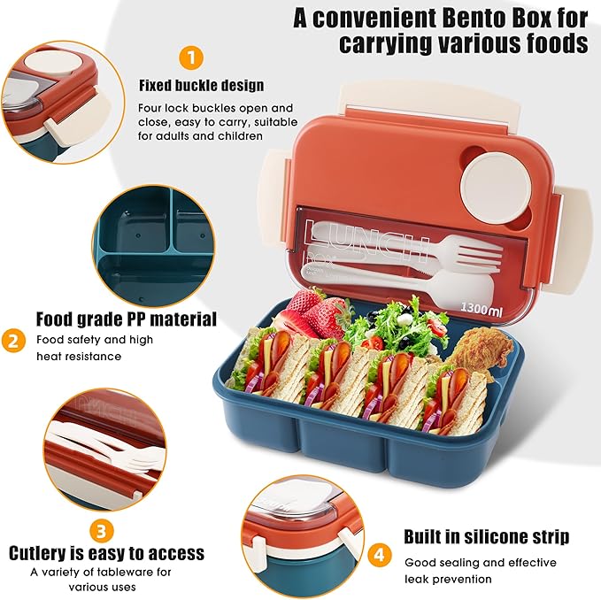 Bento box adult work lunch box, adult container, with 4 compartments, lunch container with cutlery ( knife, fork, spoon, sauce box), animal fruit fork, microwave and dishwasher safe, Orange Blue
