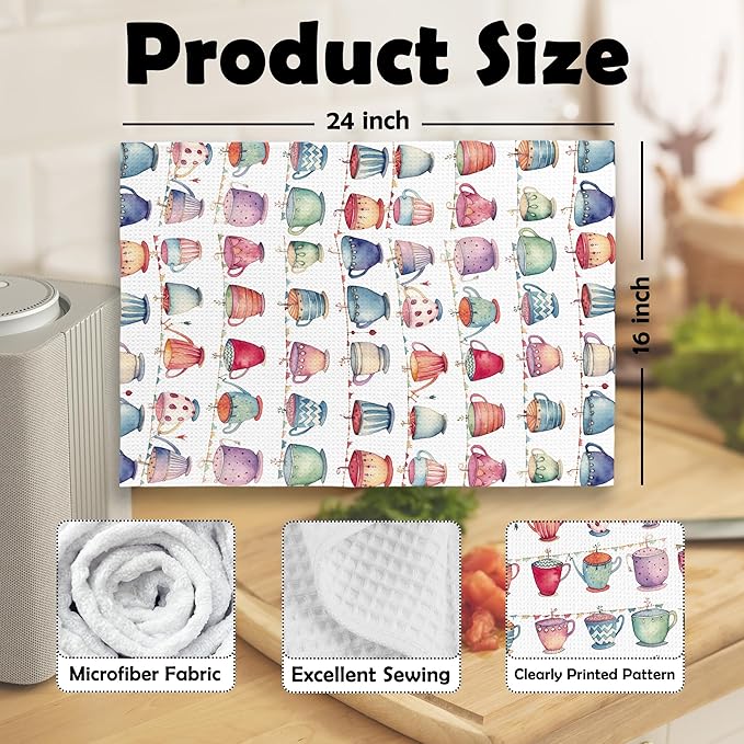 Colorful Teacups Kitchen Dish Towels, Tea Lovers Gifts for Women Girls, Tea Time Watercolor Coffee Mugs Cups Hand Towels Kitchen Tea Towels Decorations, 16x24inch