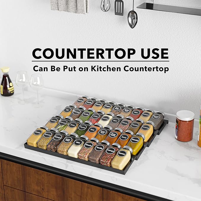 SpaceAid Spice Drawer Organizer with 36 Spice Jars, 386 Spice Labels, 4 Tier Seasoning Rack Tray Insert for Kitchen Drawers, 16.75" Wide x 17.5" Deep