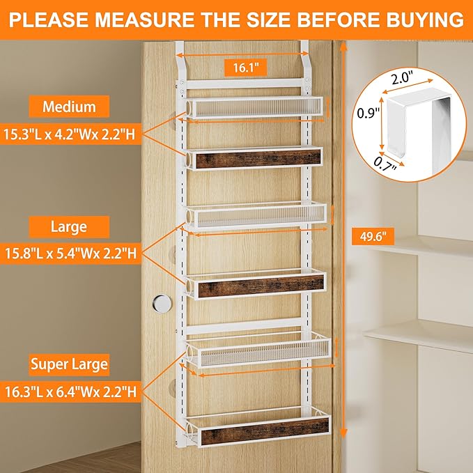 Over The Door Pantry Organizer,6 Tier Hanging Door Spice Rack with Adjustable Wood Basket and Acylic Basket,Metal Heavy Duty Door Storage Shelf for Kitchen Pantry and Bathroom