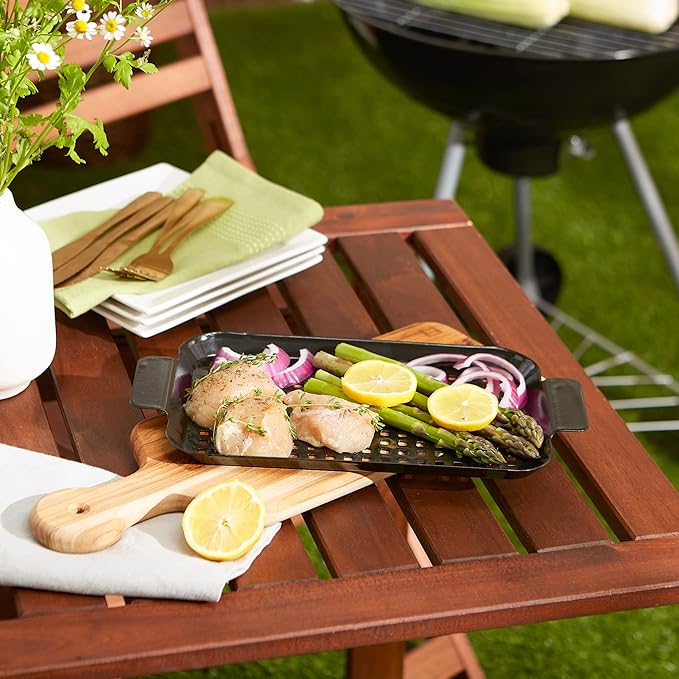 RSVP International Porcelain Coated Steel BBQ Grill Tray/Pan, Outdoor Barbeque Grilling Accessories for Cooking Fish & Vegetables, Dishwasher Safe, Small, 13x7.25