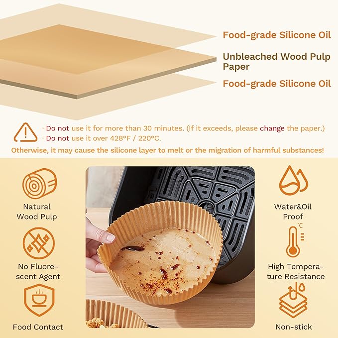 Air Fryer Liner Round,100PCS 7.9 inch to 9 inch Baking Parchment for 5 to 8Qt Air Fryer Disposable Paper Liners,Unbleached Non-stick Non-leak Airfryer Parchment Paper liner