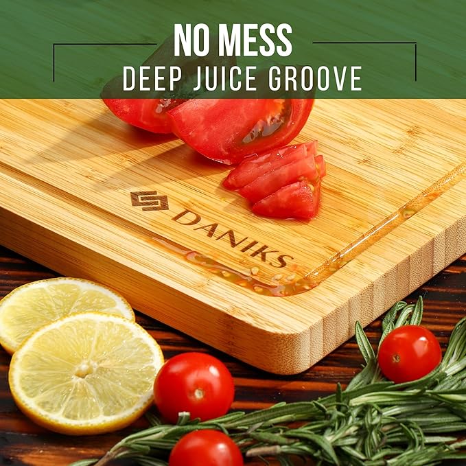 Daniks Bamboo Cutting Board, L 13x9 in, Pre‑Oiled, with Juice Groove – Cutting Board for Kitchen, Meal Prep, Serving & Charcuterie, Heavy-Duty