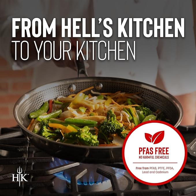 Hell's Kitchen Hybrid 12” Wok Pan, Tri-Clad Stainless Steel and Nonstick Ceramic, PFAS Free, no PFOA, no PTFE, no Teflon, Non Toxic Cookware, Metal Utensil Safe, All Cooktops and Oven Safe (Wok + Lid)