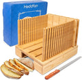 Bamboo Bread Slicer For Homemade Bread - Built-In Knife Slot, Crumb Catcher & Storage Compartment - Adjustable Extra Wide & High For Sourdough - Long 12” Knife Blade Included