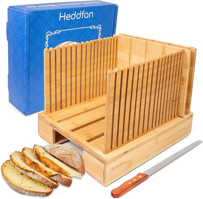 Bamboo Bread Slicer For Homemade Bread - Built-In Knife Slot, Crumb Catcher & Storage Compartment - Adjustable Extra Wide & High For Sourdough - Long 12” Knife Blade Included