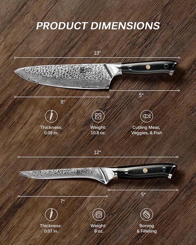KYOKU Knife Set, Shogun Series 2pc Japanese Style Kitchen Knife Set, 7" Boning 8" Chef Knife with Sheath Gift Box, Professional Sharp Damascus Stainless Steel Knives for Meat Vegetable