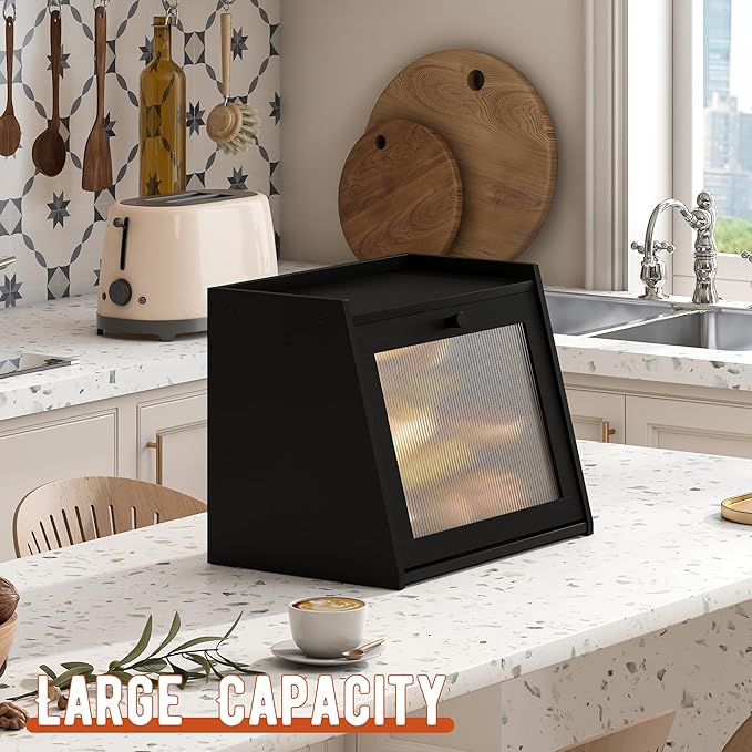 GHWIE Large Bread Box, Easy Access & Cleaning - Bamboo Bread Box for Kitchen Countertop with Acrylic Door (Black, Large)