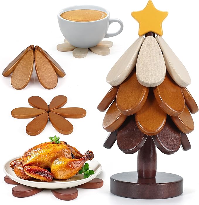 Christmas Tree Trivet Wooden Trivets for Hot Dishes, Christmas Tree Coasters Set of 4, Table Decor Coaster for Home and Restaurant