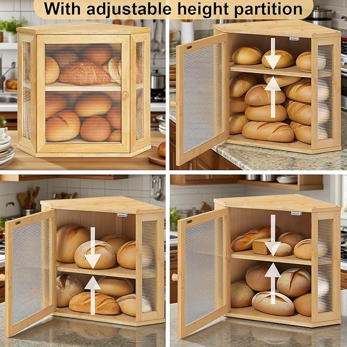 Corner Bread Box for Kitchen Countertop Two-Tier Large Capacity Bread Boxes Storage Container with Adjustable Height Countertop Bread Storage Bin