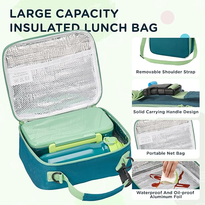 MAISON HUIS Bento Box for Kids with 8oz Soup Thermo, Insulated Lunch Bag & 17oz Water Bottle, 2-Compartment Bento Box with Built-In Ice Pack, Leak-Proof & BPA-Free (Green)