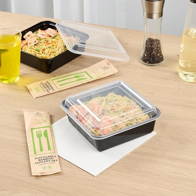 Restaurantware Take Out Containers 100 Pack of 32 oz with Clear Lids Microwave-Safe Disposable Plastic Food Storage Containers Stackable Greaseproof Black Meal Prep Square Single Compartment