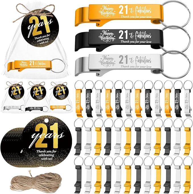 Dandat 54 Sets 21th Birthday Party Favors for Guests Birthday Beer Opener Keychain Cheers to 21 Bottle Opener Keychain with Thank You Cards and Gift Bags for Anniversary Wedding Party Favors