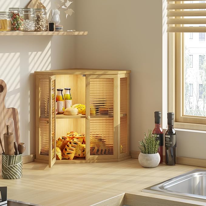 Corner bread box Bread Box for Kitchen Countertop - Corner Bread Storage Box 16.51" H, Premium Pine Wood with Glass Door, Perfect for Homemade Bread, Baguettes & Pastries (Natural wood)