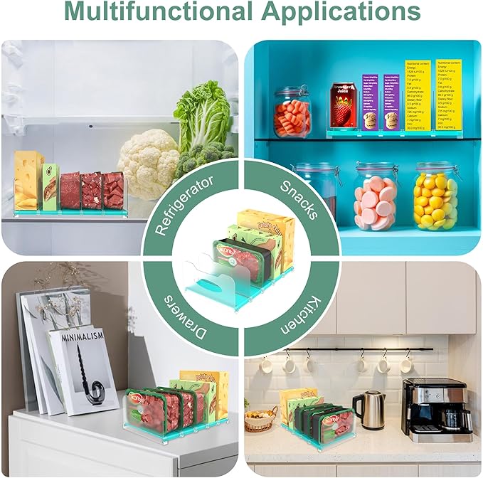Freezer Organizer 12” Visible Fridge Organizer Rack with Removable Dividers and Handles, Freely Adjustable, Fits Refrigerator Frozen Meals, Lunch Meat Box, Cheeses (Mint Green)