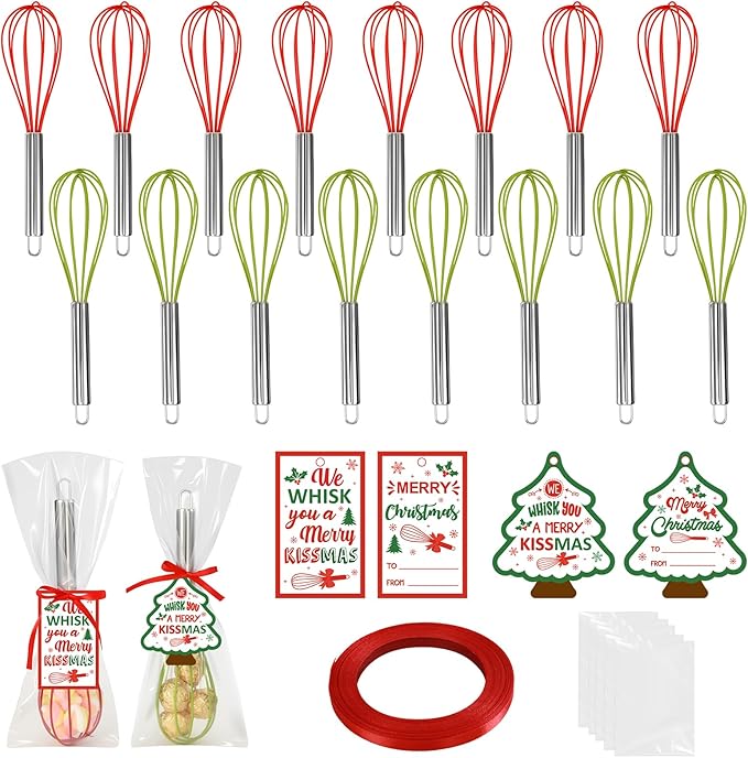 16 Sets 10 Inch Christmas Whisks Gifts with Ribbons Greeting Cards Bags,Christmas Red Green Silicone Whisks For Cooking,Egg Beaters Cooking Supplies For Xmas Candy Holder Neighbor Employee Gifts
