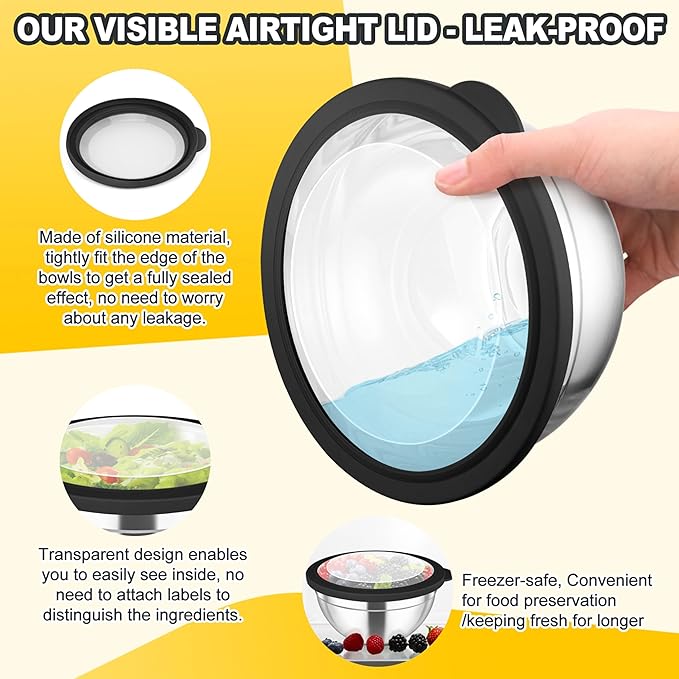 TeamFar Mixing Bowls Set, 4.5/3/1.5/1/0.7 QT Stainless Steel Nesting Salad Bowls with Airtight Lids, For Serving/Mixing/Storing, Non-Toxic & Heavy Duty, Visible & Easy Clean, Black, Set of 5