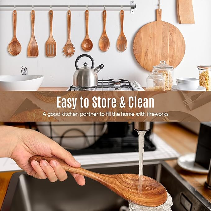 7 PCS Wooden Spoons for Cooking Natural Teak Kitchen Utensils Smooth Non-Stick Surface Cooking Utensils Set Soft Comfort-Grip Wooden Utensils for Cooking