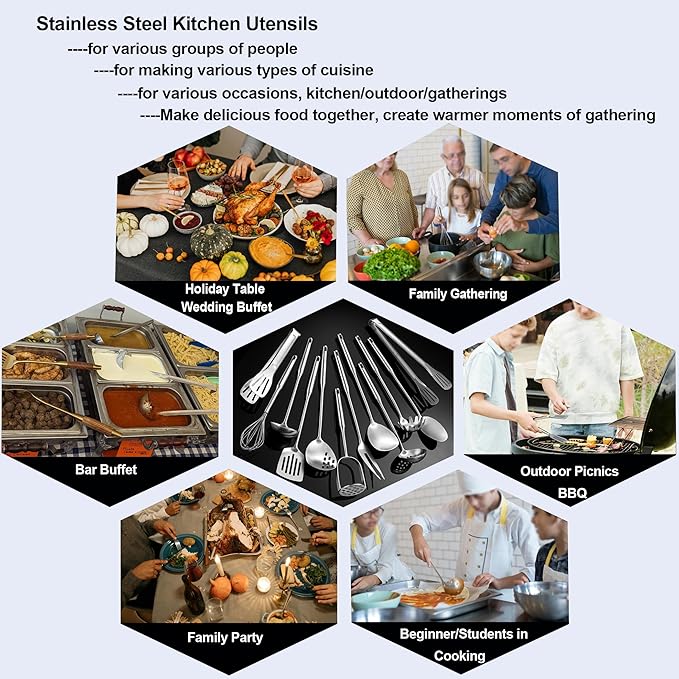 Stainless Steel Kitchen Utensils 12 Pcs, Small Cooking Utensils Set,Spatulas,Ladle,Skimmer,Tunners,Serving Spoon,Spaghetti Spoon,Fork,Potato Masher,Egg Whisk,Tongs,Dishwasher Safe