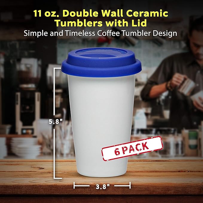 DISCOUNT PROMOS 11 oz. Double Wall Ceramic Tumblers with Lid - 6 Pack - Blue