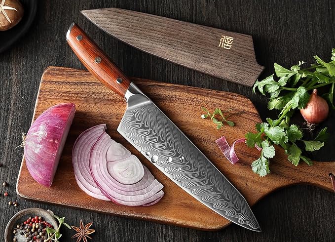 XINZUO Damascus Steel Chef Knife,8.3 Inch Kiritsuke Kitchen Knife Professional High Carbon Steel Forged Gyuto Cooking Knife-Ergonomic Rosewood Handle- Ash Wood Magnetic Knife Sheath-Yi Series