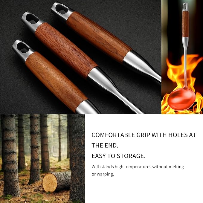 Stainless Steel Kitchen Utensils Set with Wood Handle, 18/10 Metal Cooking Utensils Set, 10 Piece - Spatula, Spoon, Ladle, Skimmer, Slotted Turners, Pasta,Turner, Ladl, Fork