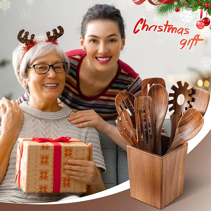 Wooden Spoons for Cooking, 11 Pcs Wood Cooking Utensils Set with Holder, Natural Acacia Wooden Kitchen Tools, Nonstick Cookware, Easy Clean, Kitchen Utensil Set for Mom, Wife Cooking Gifts