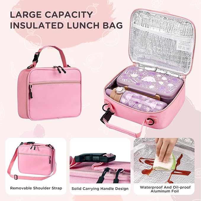 MAISON HUIS Bento Box for Kids with 8oz Soup Thermo, Insulated Lunch Bag & 17oz Water Bottle, 2-Compartment Bento Box with Built-In Ice Pack, Leak-Proof & BPA-Free