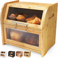 Arise Stylish Bamboo Bread Box for Kitchen Countertop, Extra Large 2-Shelf Wooden Bread Storage Container with Clear Windows and Air Vents Keep Bread, Bagels and Rolls Fresh, Self Assembly