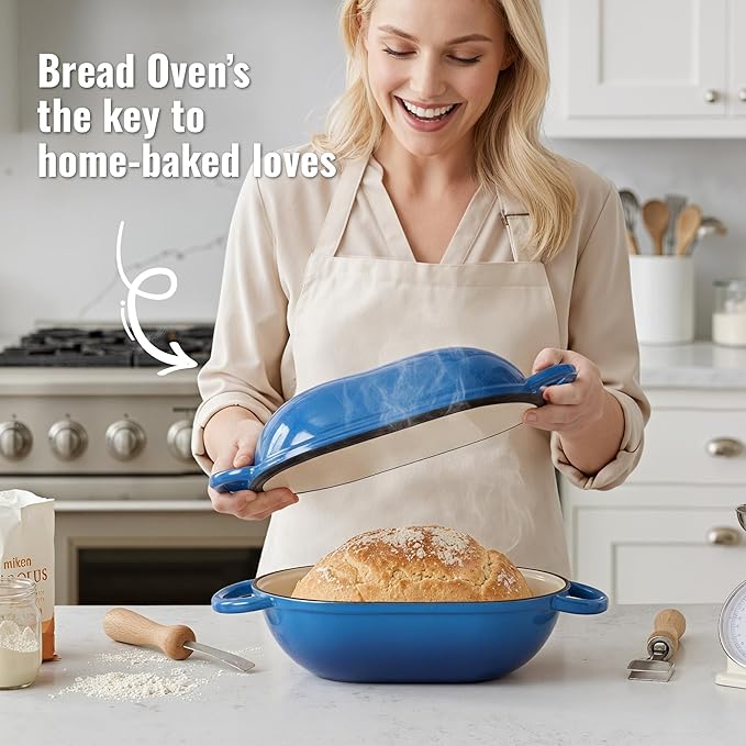 5 QT Oval Dutch Oven for Bread Baking, Enamelled Cast Iron Bread Oven for Sourdough, Sourdough Loaf Pan with Lid, Heavy-Duty Non Stick Bread Pan for Homemade Bread Baking, Blue